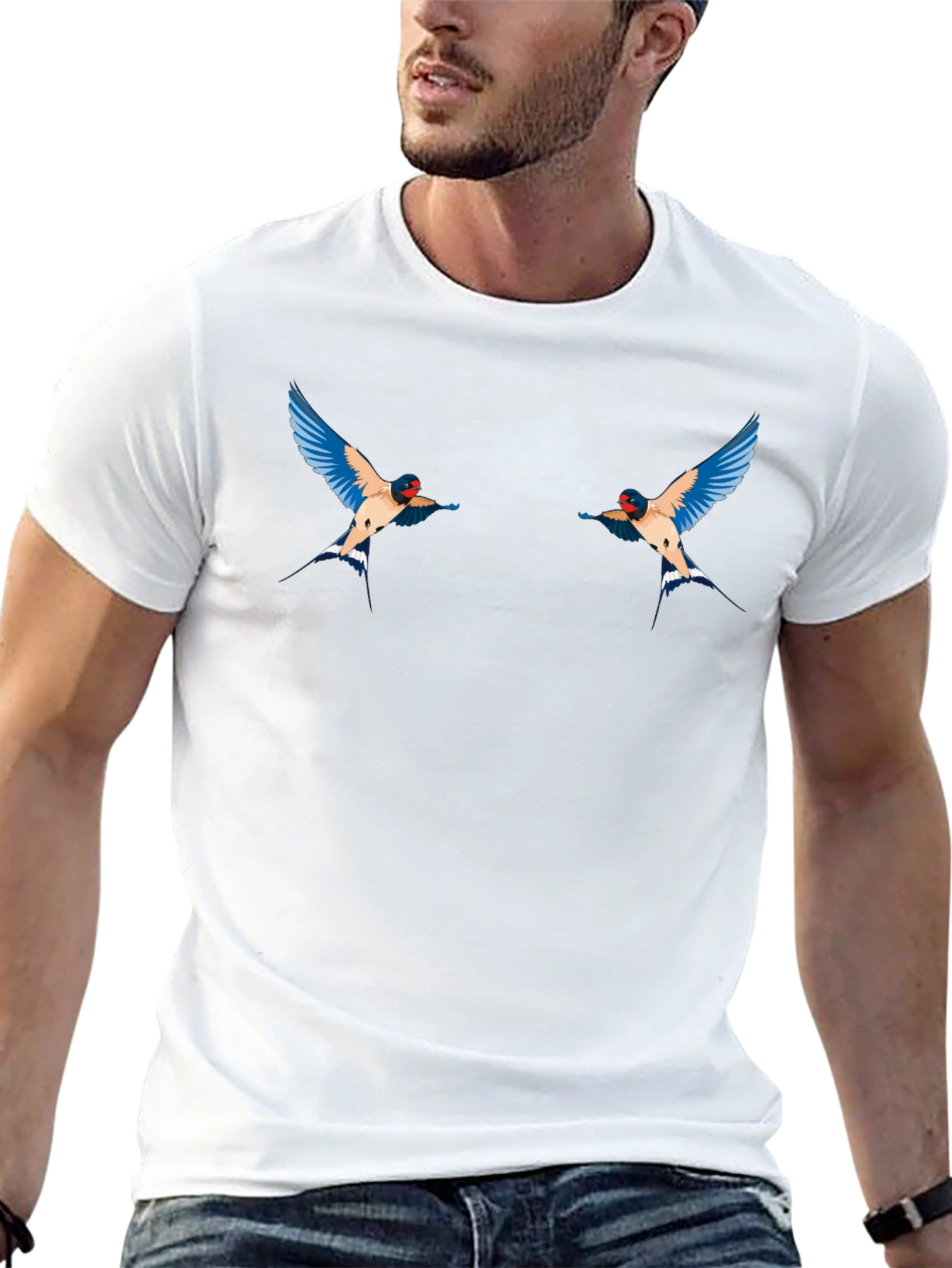 Black T-Shirt with Swallow Bird Graphic