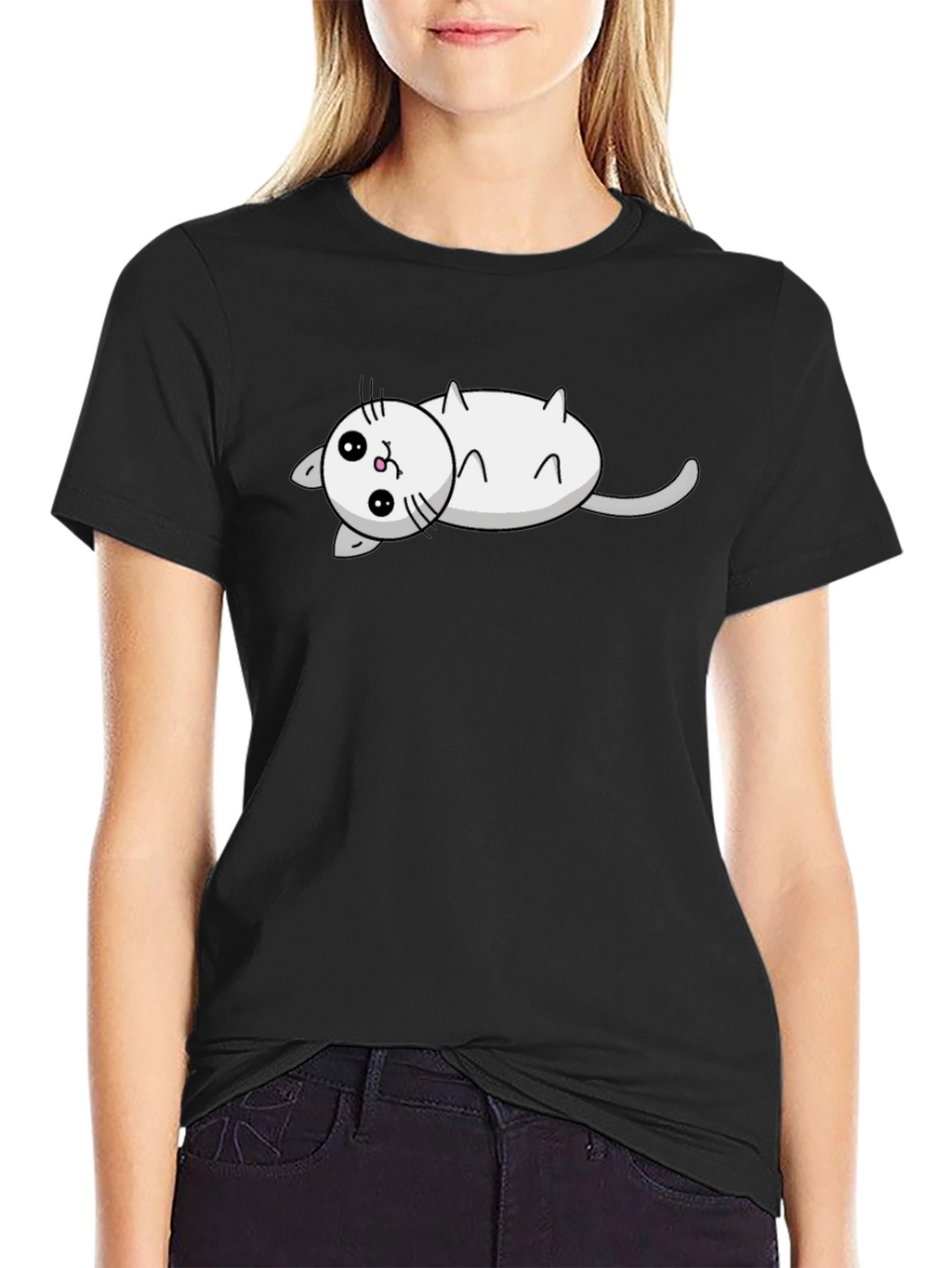 Cute Cat Cartoon Black T-Shirt
