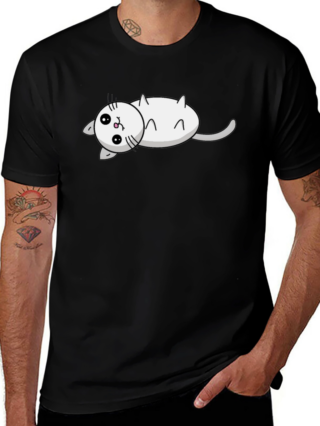 Cute Cat Cartoon Black T-Shirt