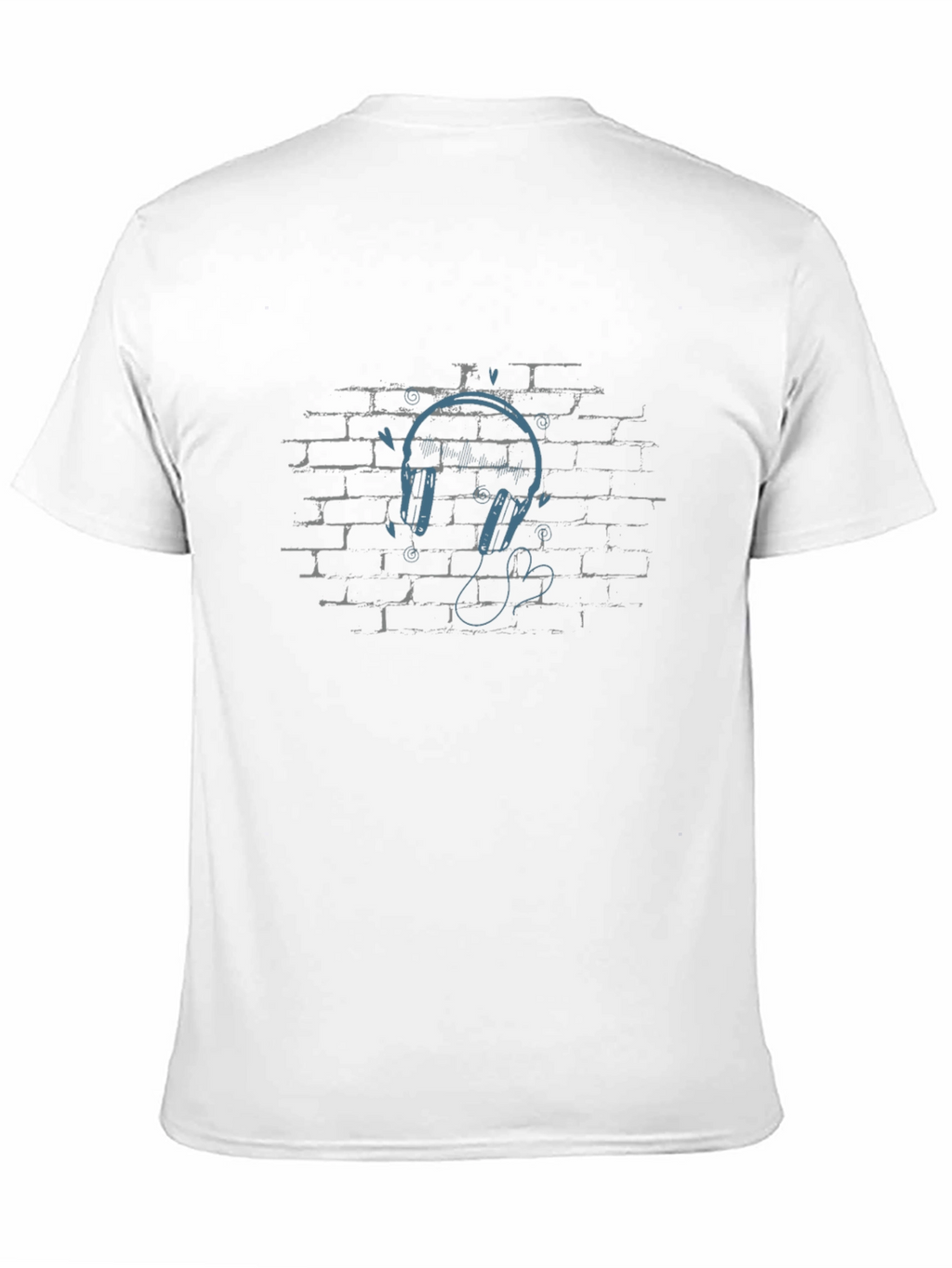 Urban Vibe Black T-Shirt with Headphones on Brick Wall