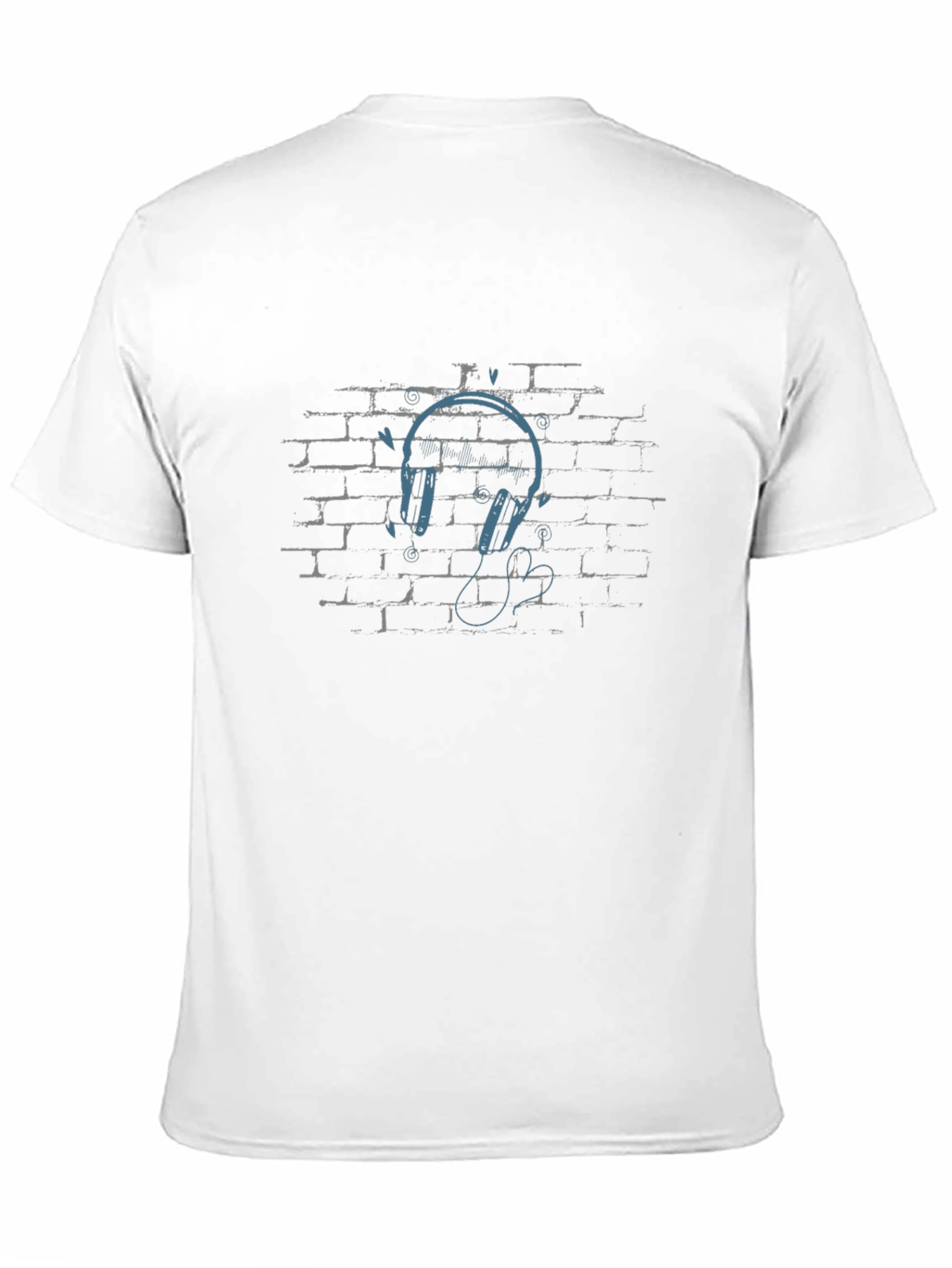 Urban Vibe Black T-Shirt with Headphones on Brick Wall