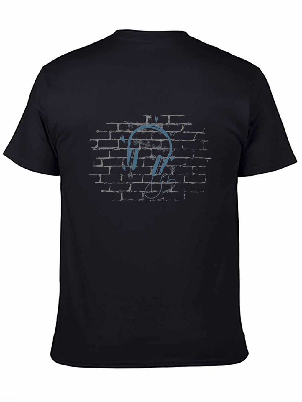 Urban Vibe Black T-Shirt with Headphones on Brick Wall