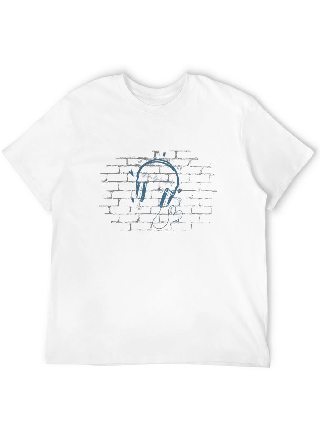 Urban Vibe Black T-Shirt with Headphones on Brick Wall