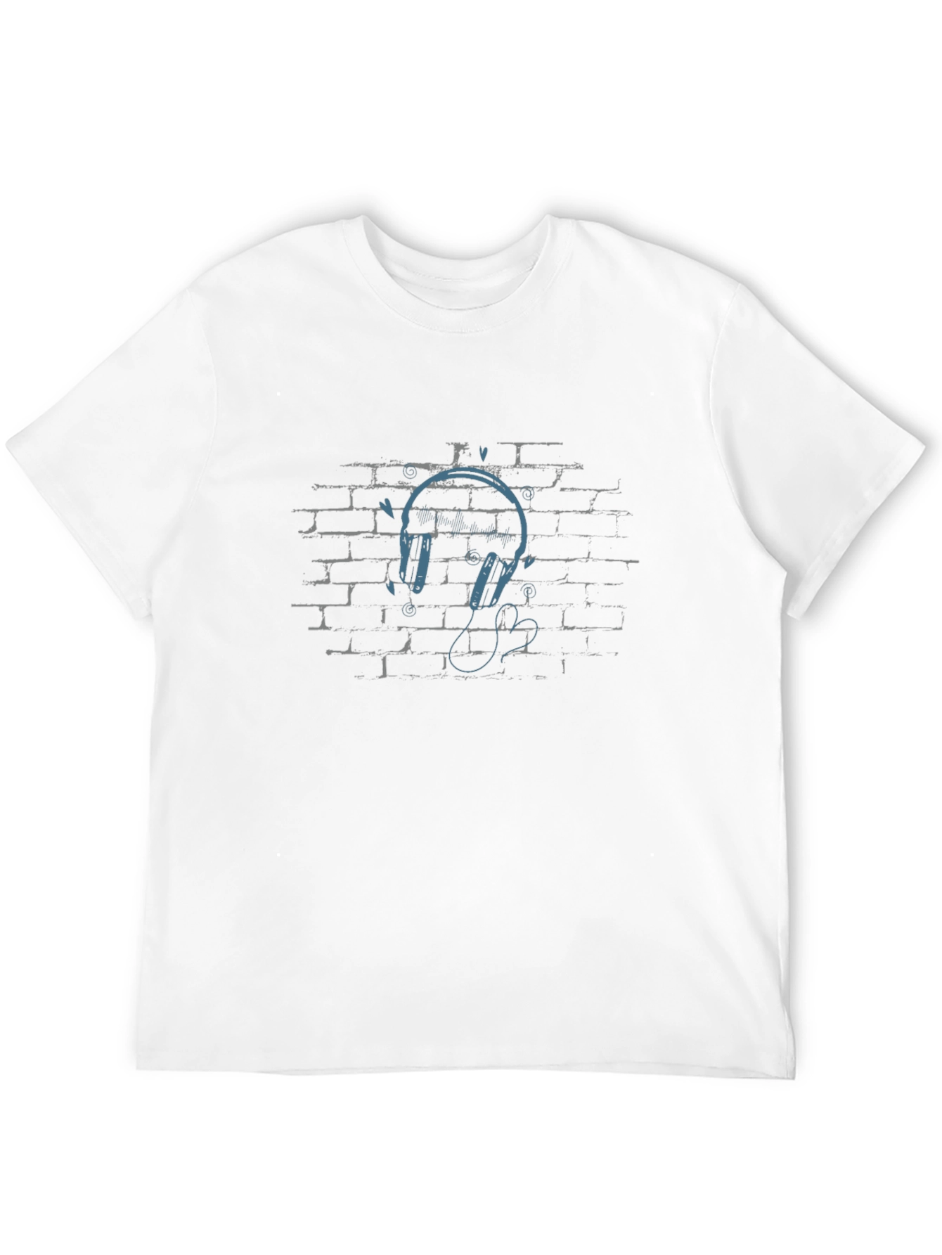 Urban Vibe Black T-Shirt with Headphones on Brick Wall