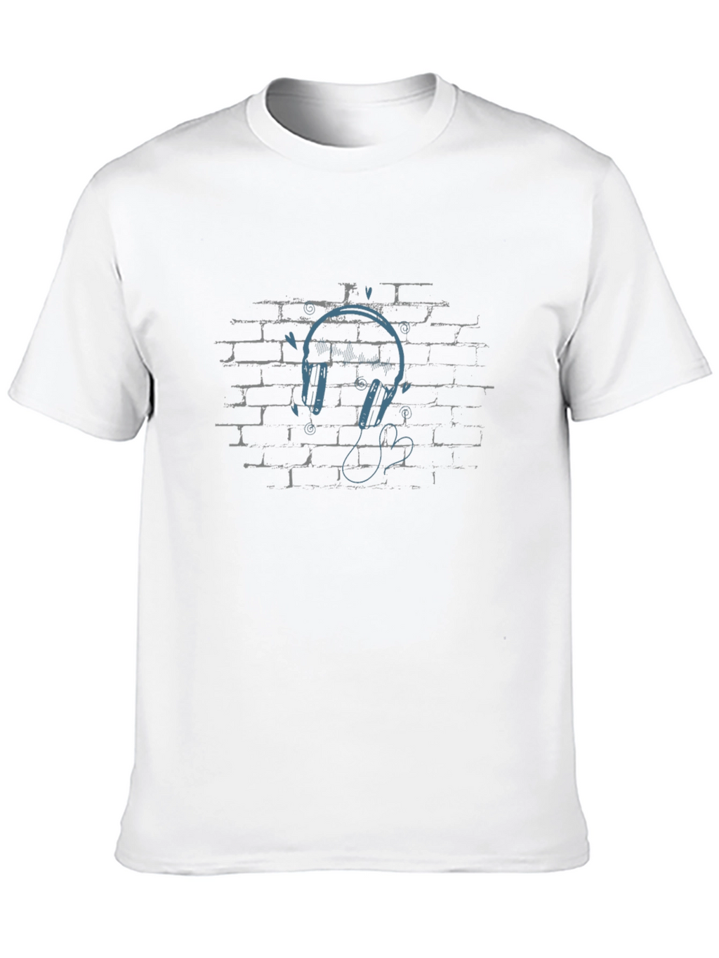 Urban Vibe Black T-Shirt with Headphones on Brick Wall