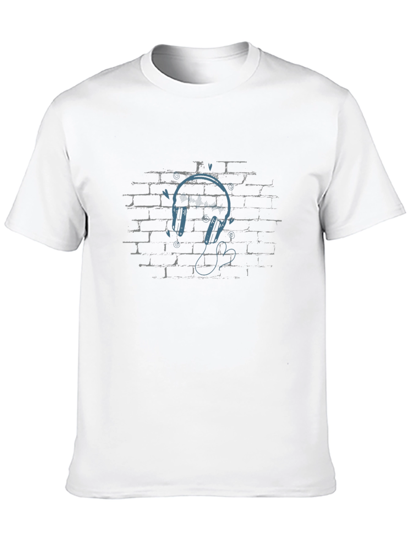 Urban Vibe Black T-Shirt with Headphones on Brick Wall