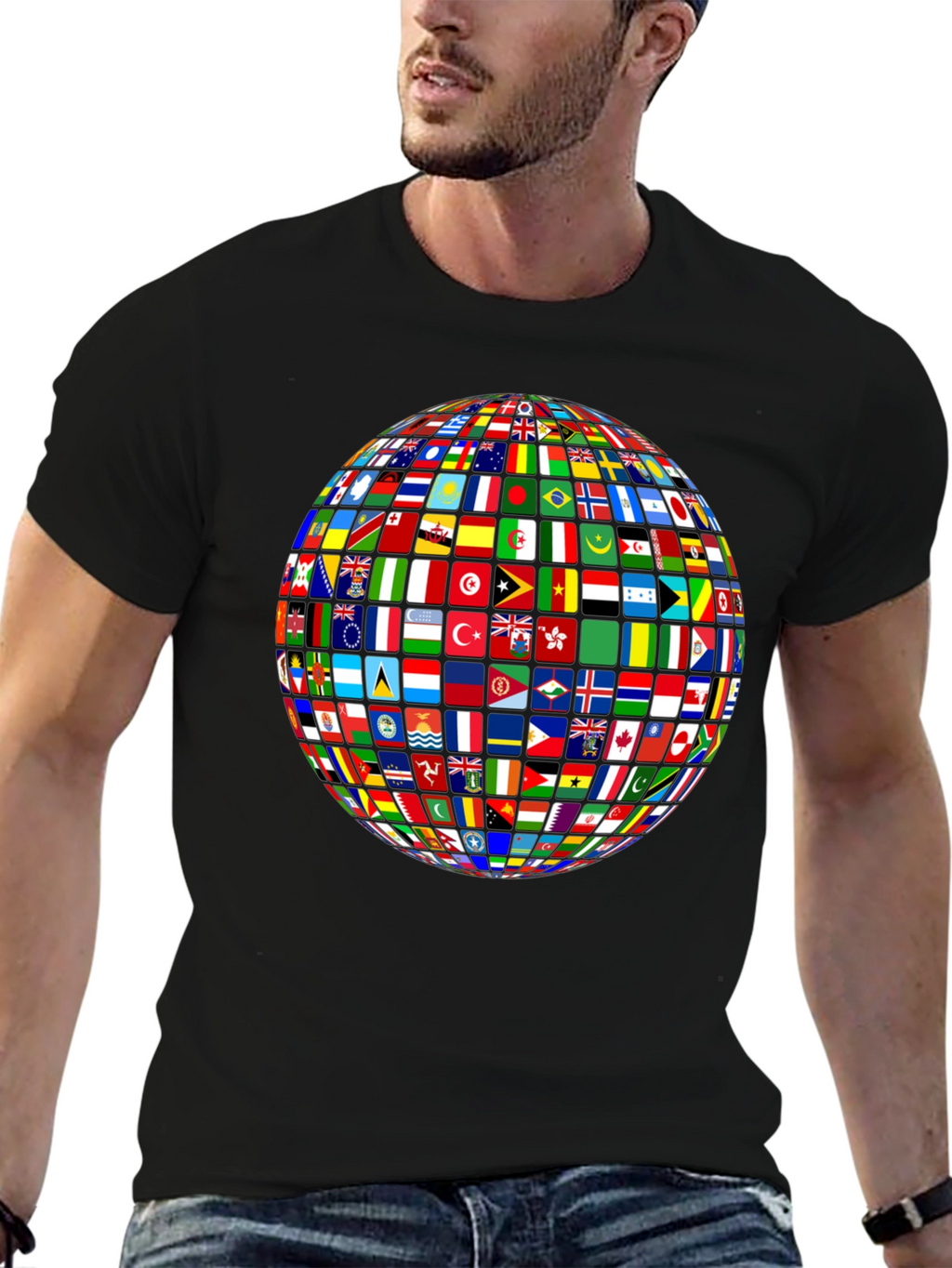 Flags of All Nations Globe Graphic Tee - Black