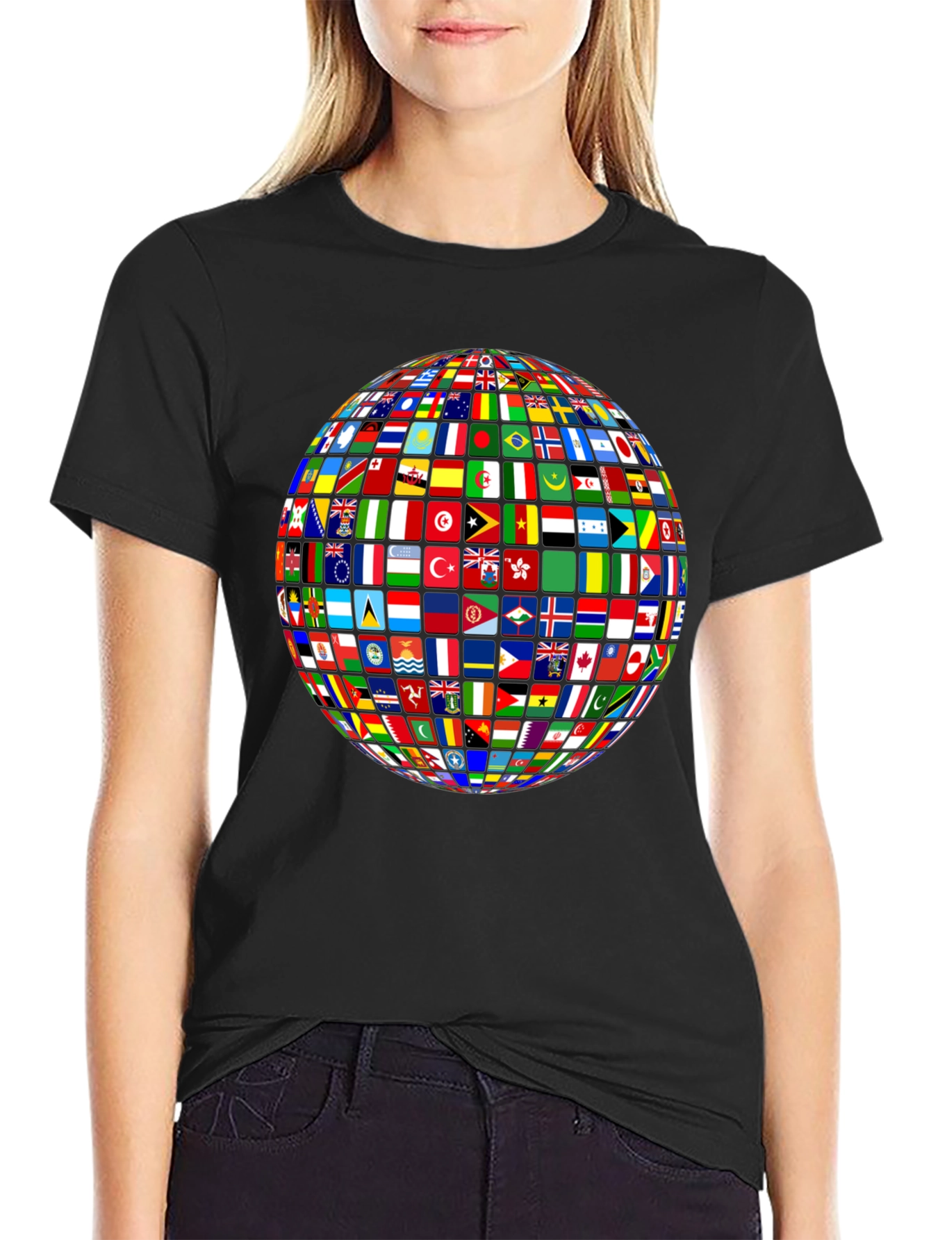 Flags of All Nations Globe Graphic Tee - Black