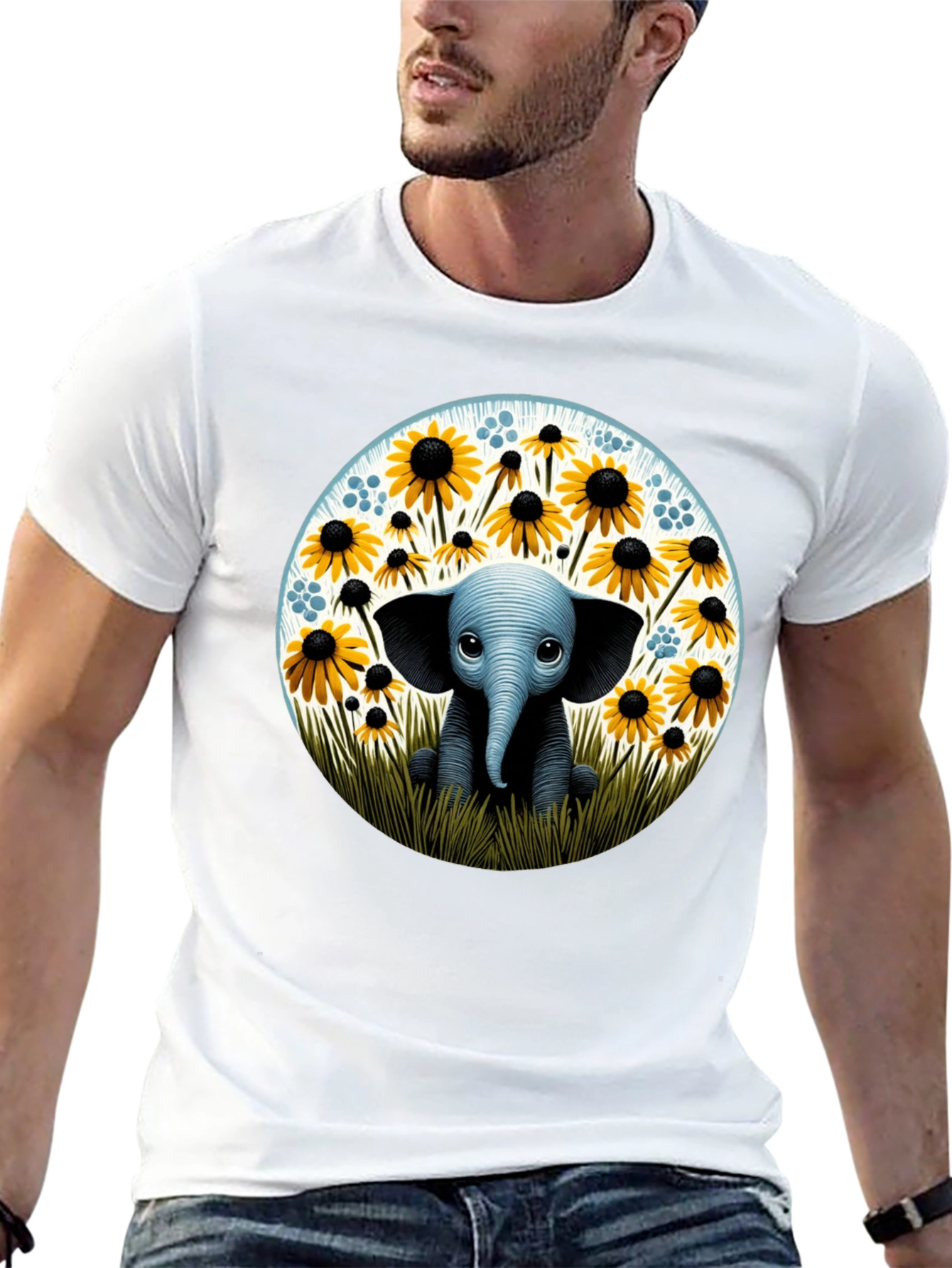 Cute Elephant and Sunflower Graphic T-Shirt