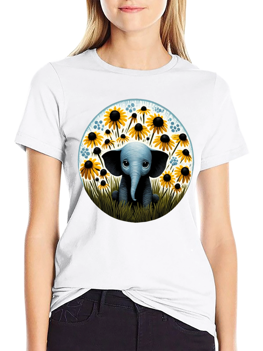 Cute Elephant and Sunflower Graphic T-Shirt
