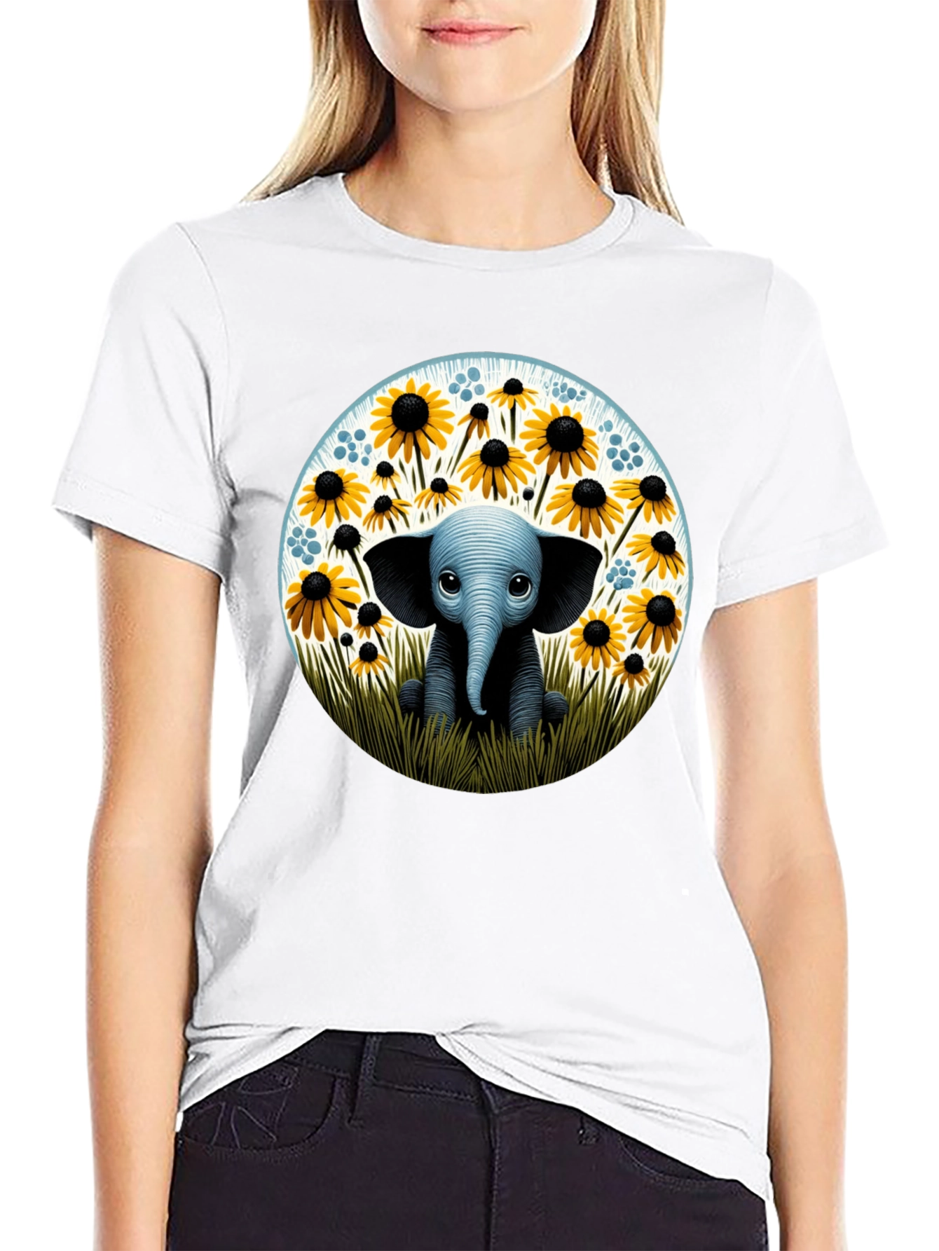Cute Elephant and Sunflower Graphic T-Shirt