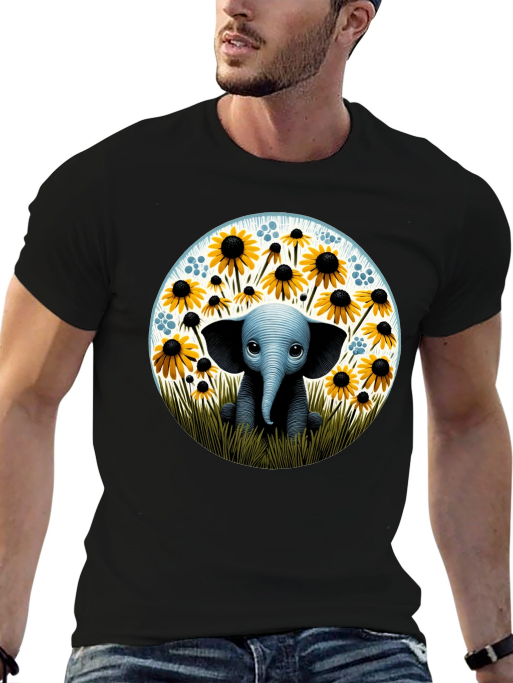 Cute Elephant and Sunflower Graphic T-Shirt