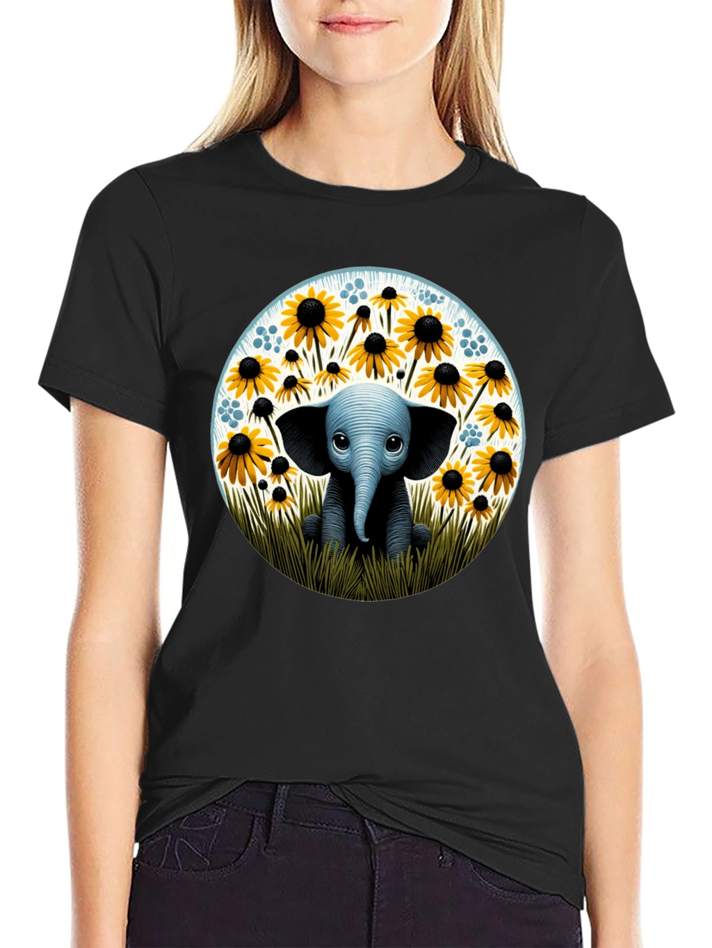 Cute Elephant and Sunflower Graphic T-Shirt