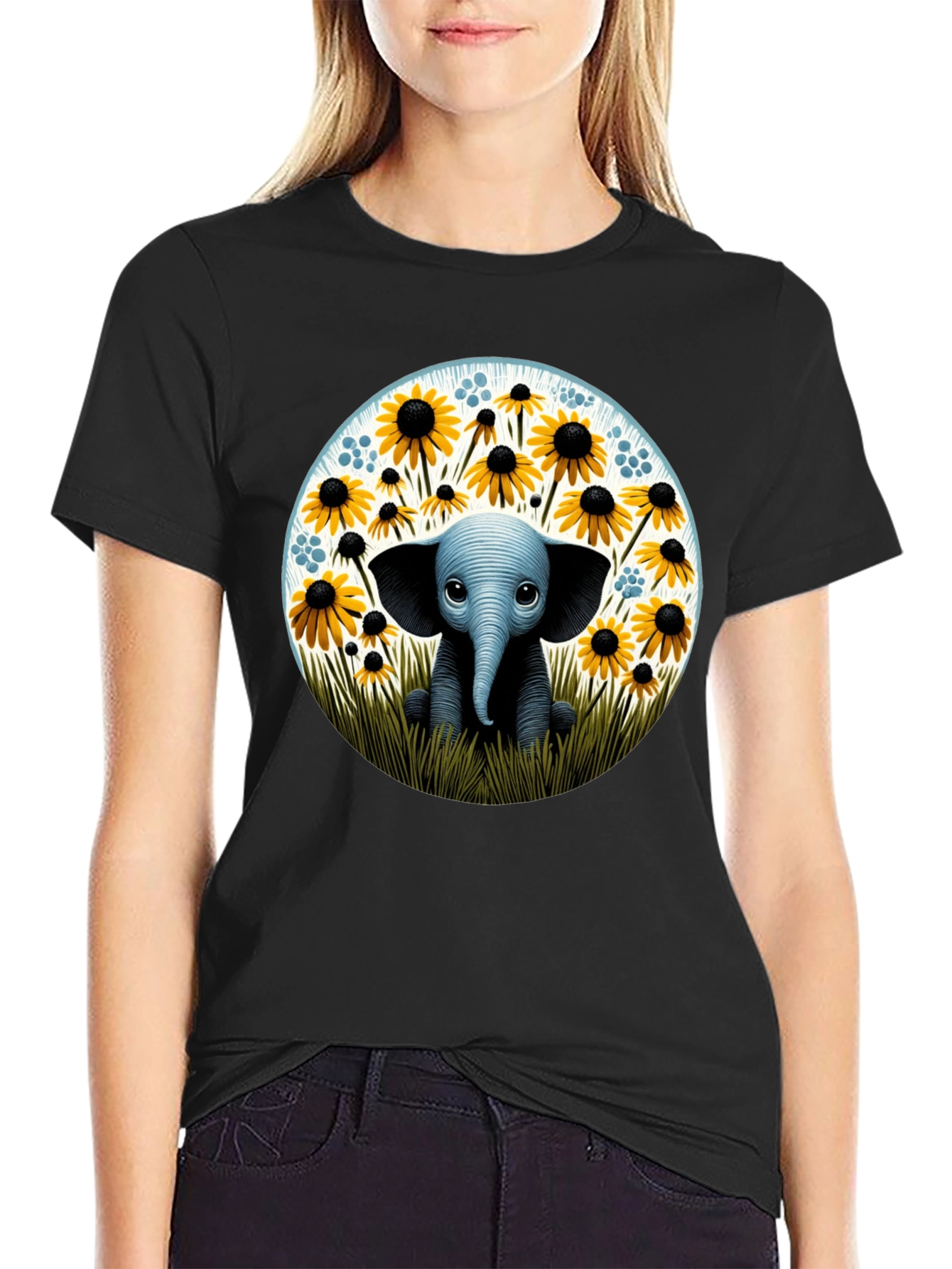 Cute Elephant and Sunflower Graphic T-Shirt