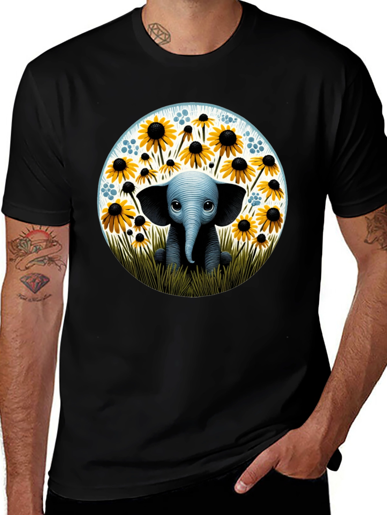 Cute Elephant and Sunflower Graphic T-Shirt
