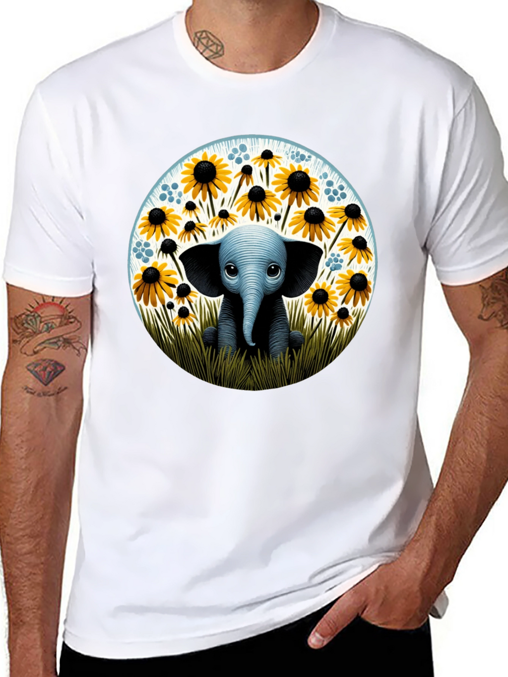 Cute Elephant and Sunflower Graphic T-Shirt
