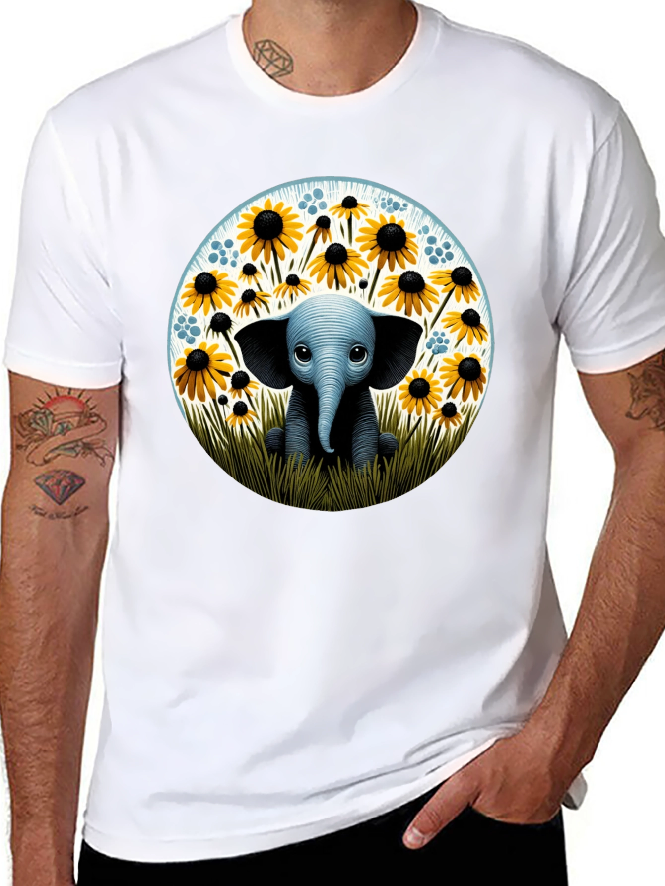 Cute Elephant and Sunflower Graphic T-Shirt