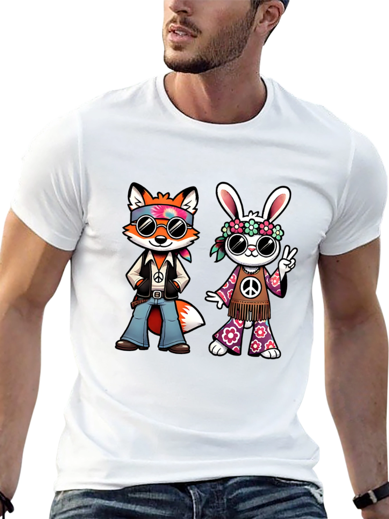 Groovy Hippie Fox & Rabbit Black T-Shirt