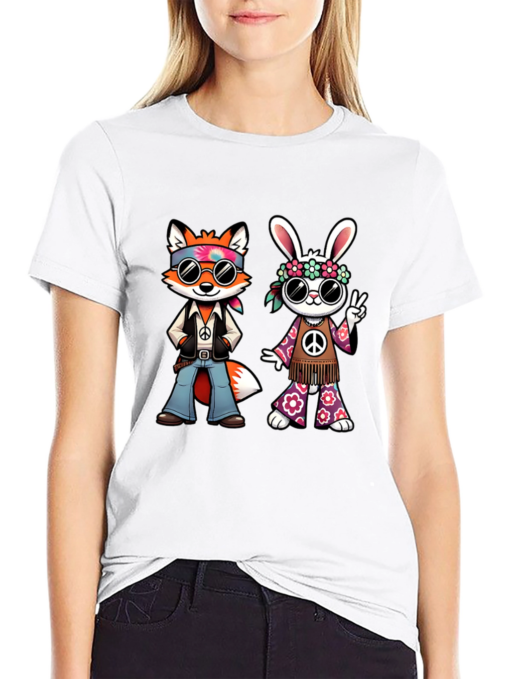 Groovy Hippie Fox & Rabbit Black T-Shirt