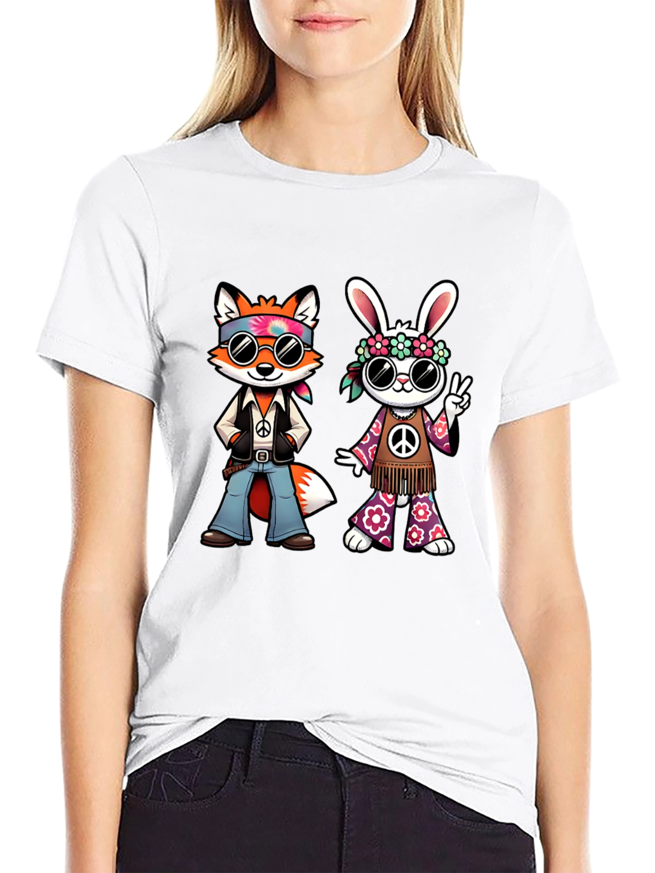 Groovy Hippie Fox & Rabbit Black T-Shirt