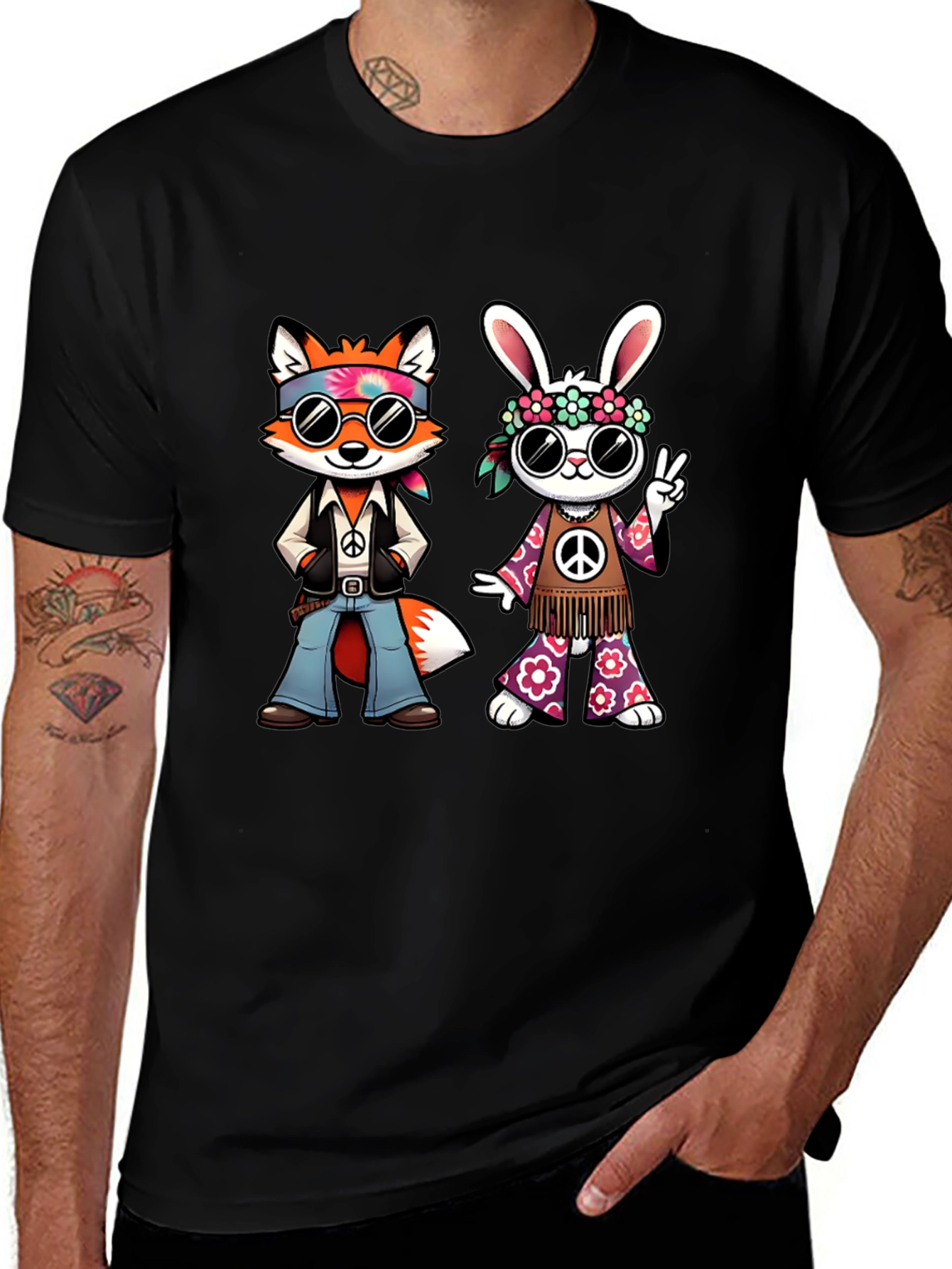 Groovy Hippie Fox & Rabbit Black T-Shirt