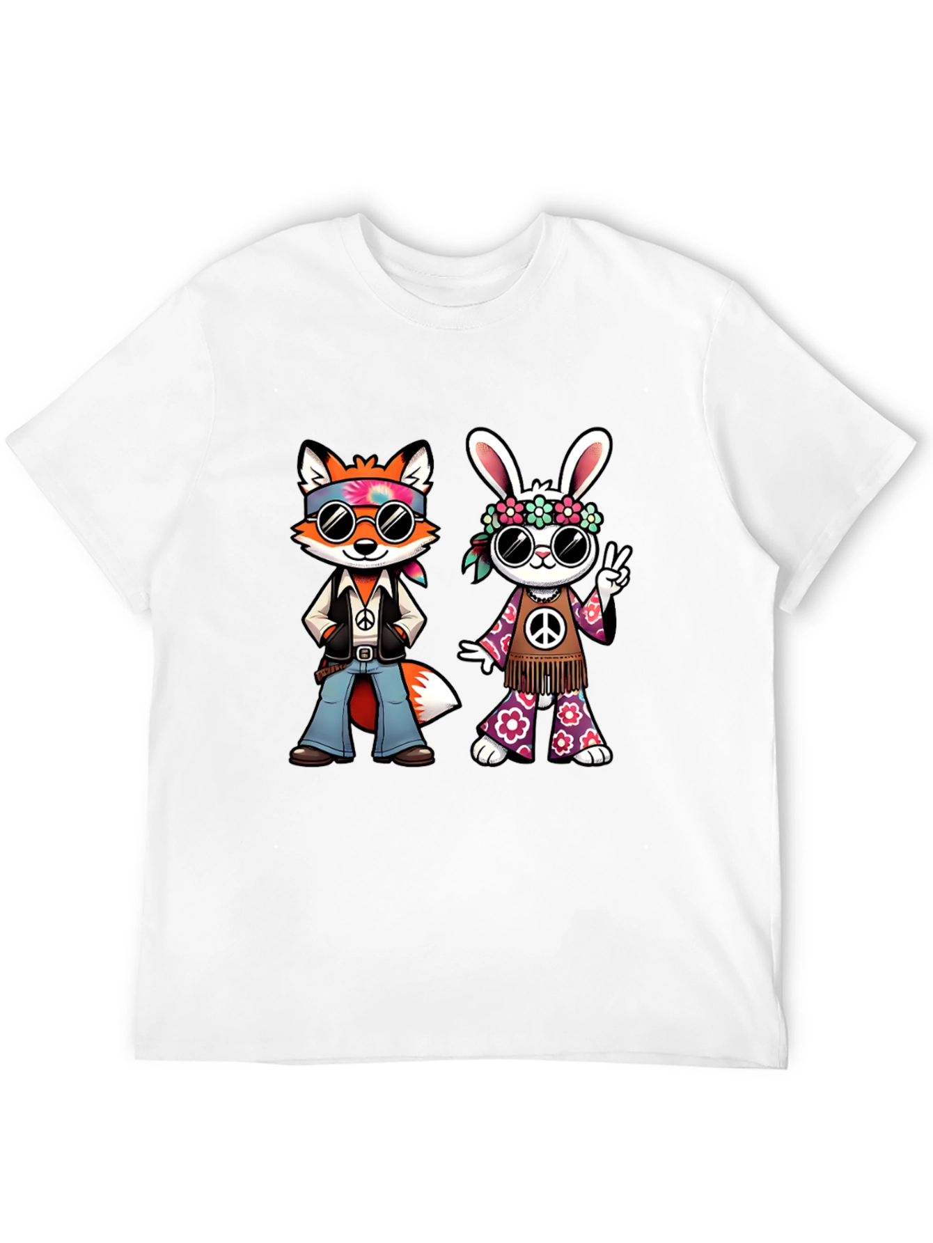 Groovy Hippie Fox & Rabbit Black T-Shirt