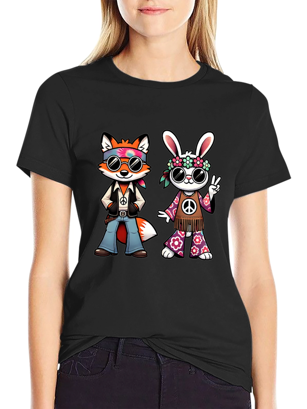 Groovy Hippie Fox & Rabbit Black T-Shirt