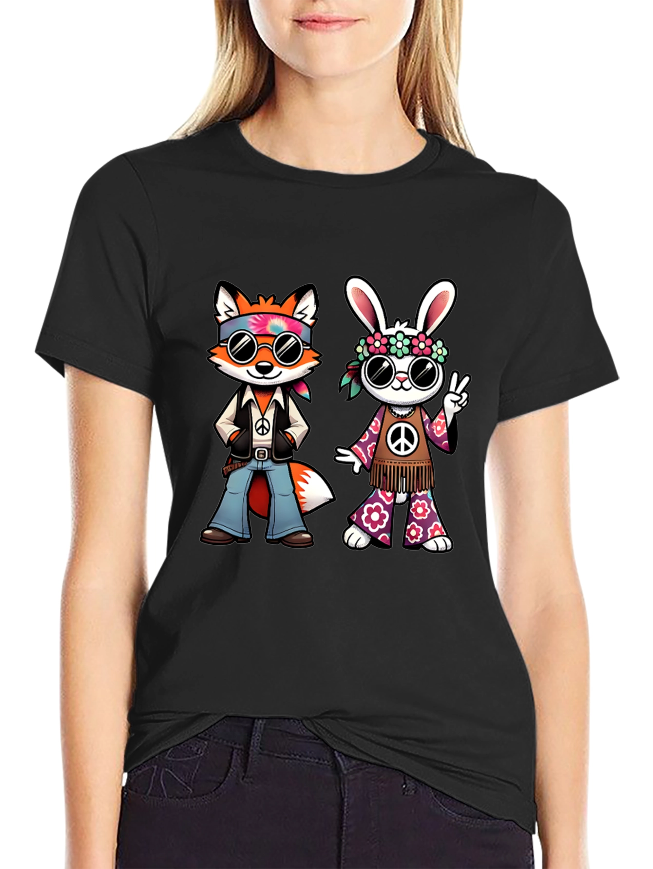 Groovy Hippie Fox & Rabbit Black T-Shirt