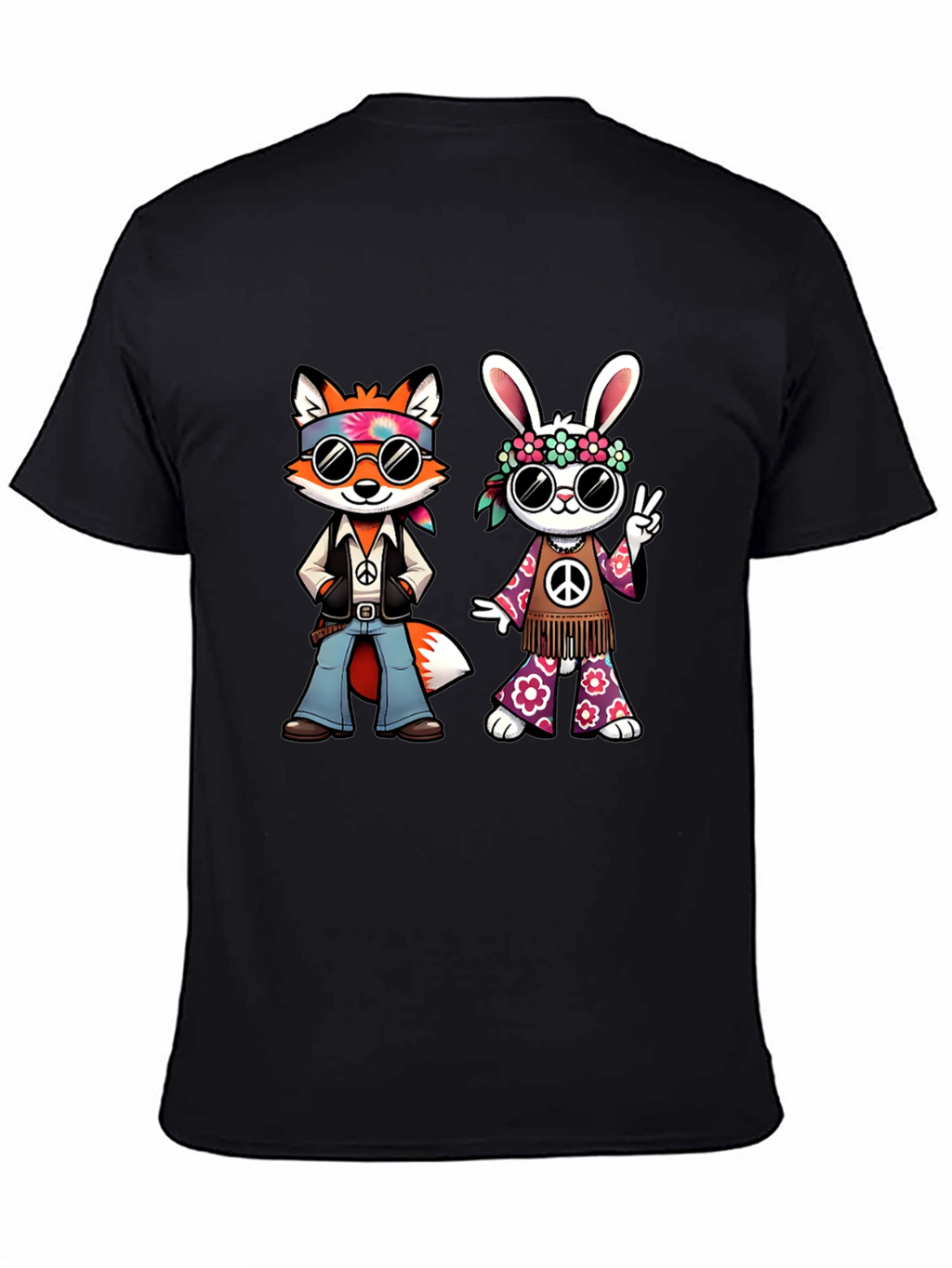 Groovy Hippie Fox & Rabbit Black T-Shirt