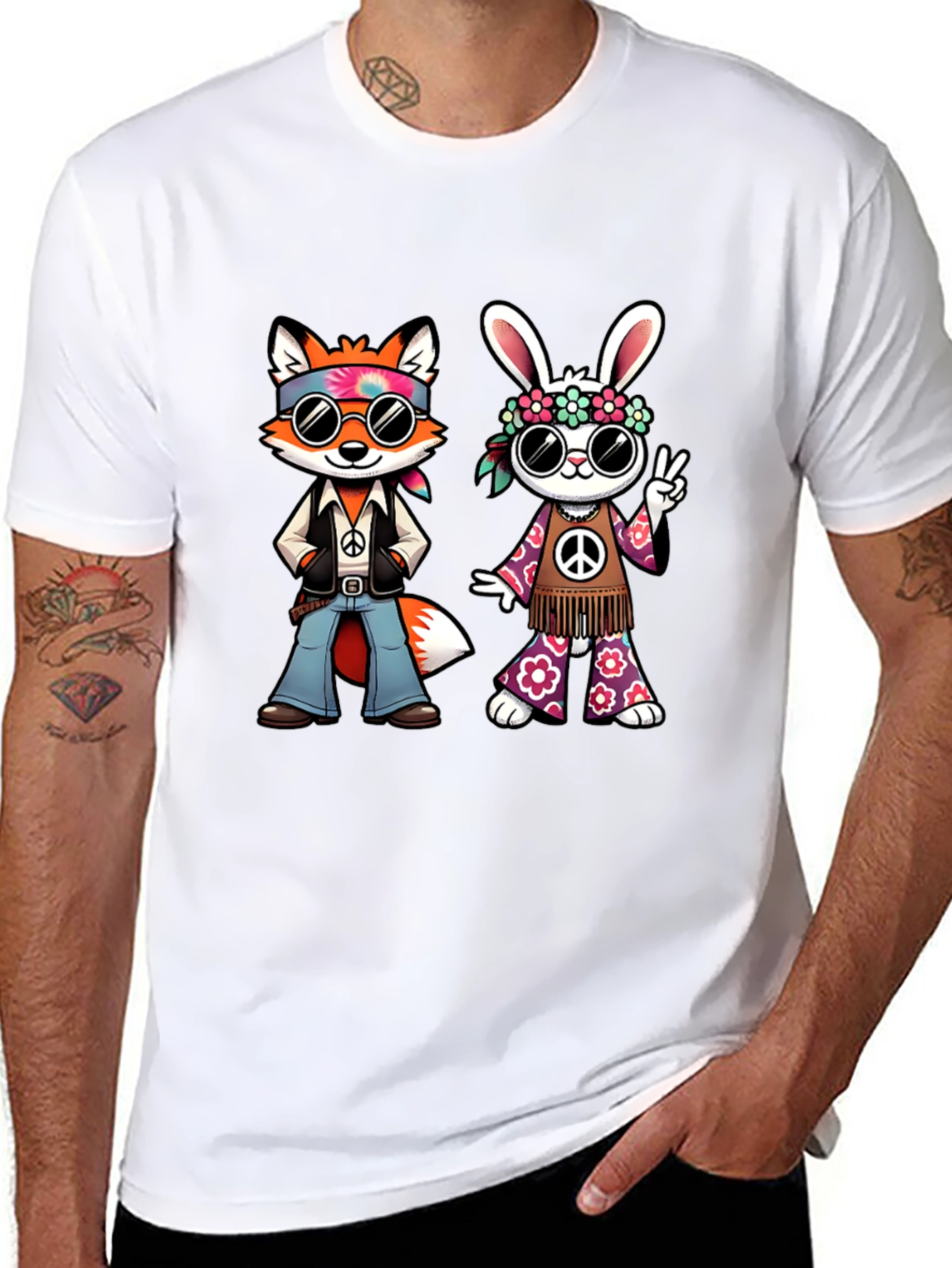 Groovy Hippie Fox & Rabbit Black T-Shirt