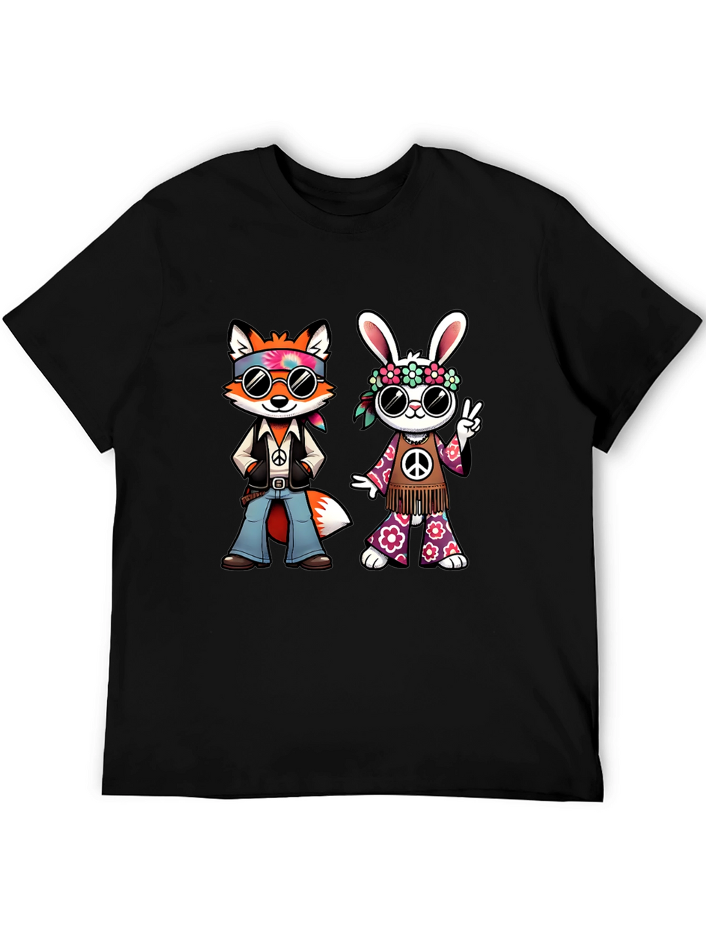 Groovy Hippie Fox & Rabbit Black T-Shirt