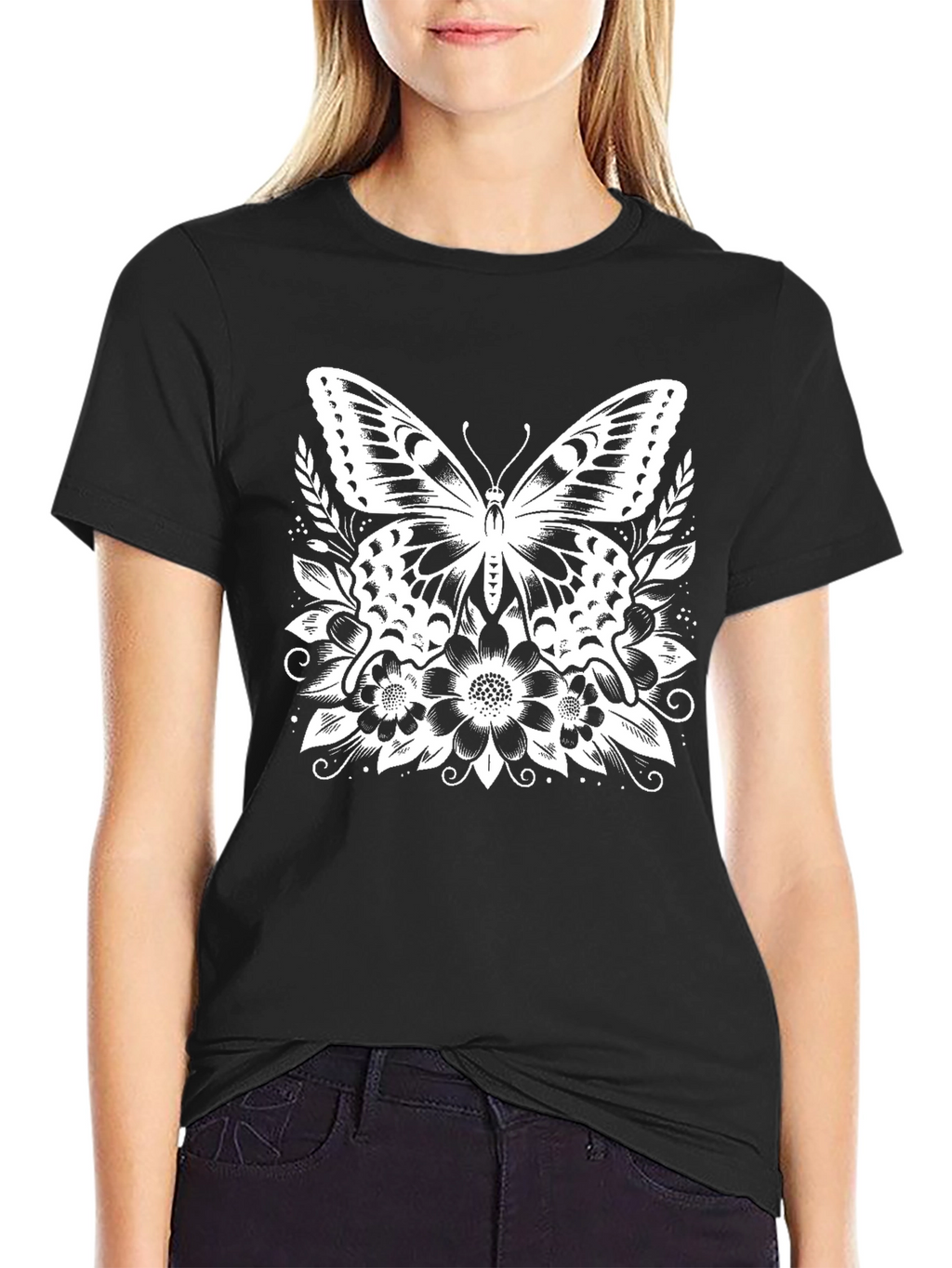 Butterfly Floral Graphic Tee - Stylish Black T-Shirt