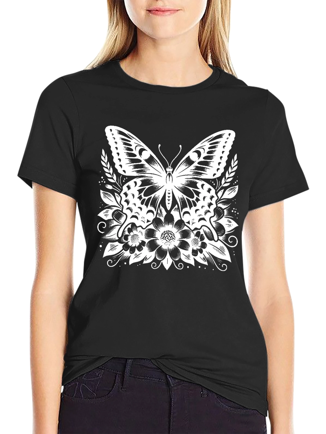 Butterfly Floral Graphic Tee - Stylish Black T-Shirt