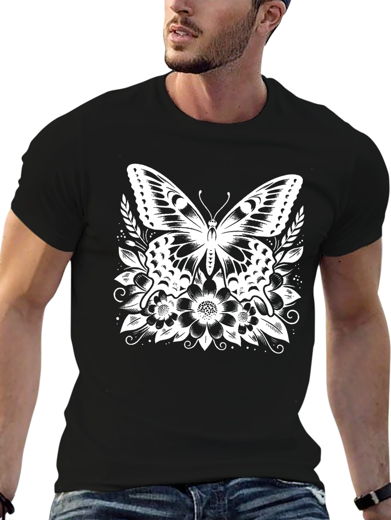 Butterfly Floral Graphic Tee - Stylish Black T-Shirt