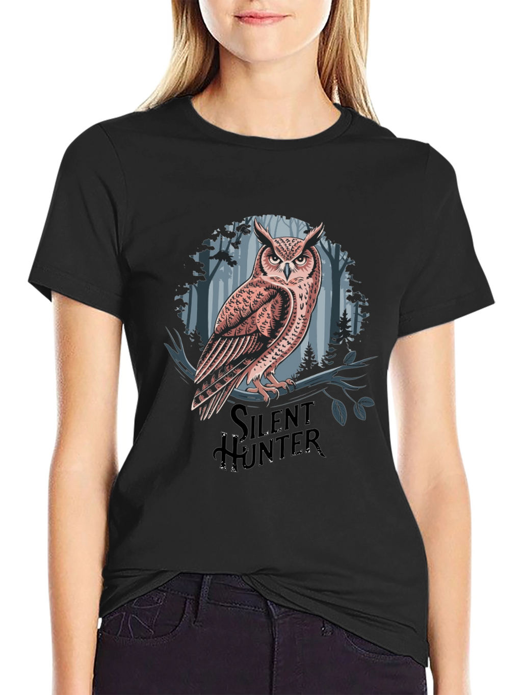 Silent Hunter Owl Graphic Tee - Black Cotton Blend