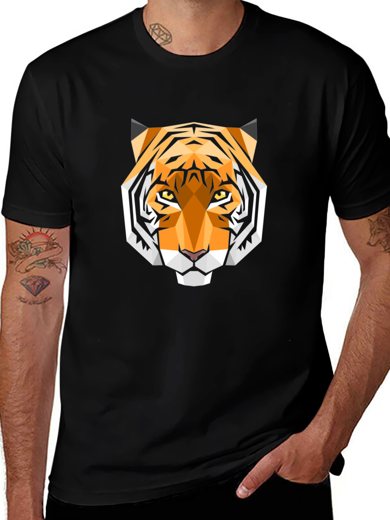 Geometric Tiger Head Graphic Black T-Shirt