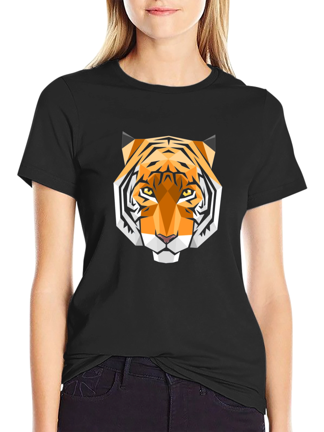 Geometric Tiger Head Graphic Black T-Shirt