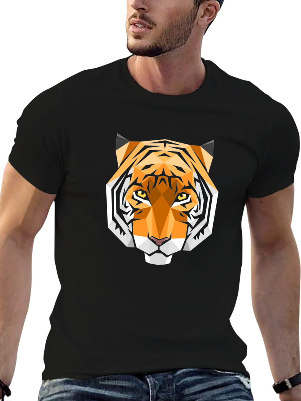 Geometric Tiger Head Graphic Black T-Shirt
