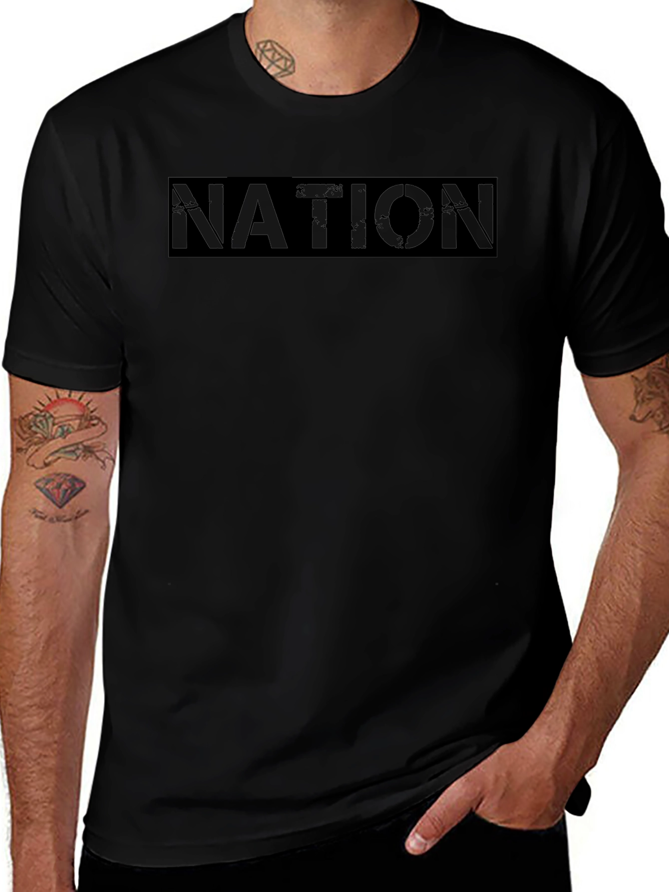 Black Graphic Tee - Nation Text Print