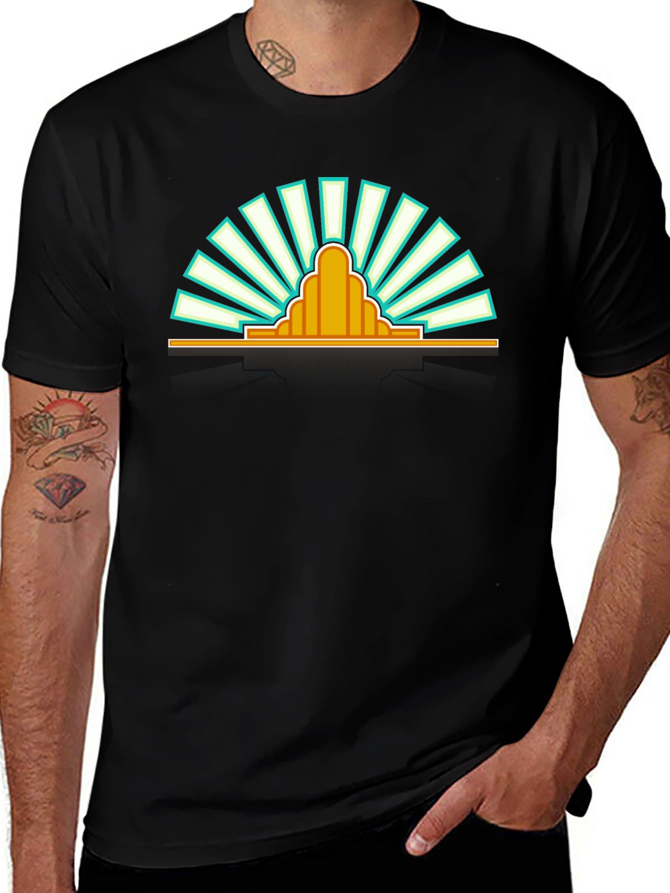 Retro Sunrise Graphic Tee - Black Cotton T-Shirt