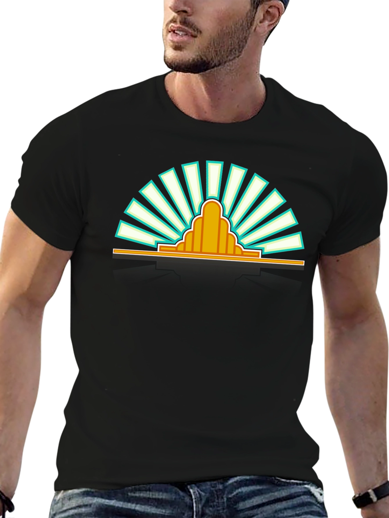 Retro Sunrise Graphic Tee - Black Cotton T-Shirt