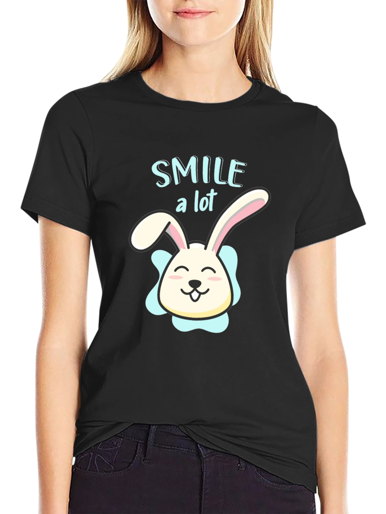 Smile A Lot Bunny Graphic Black T-Shirt