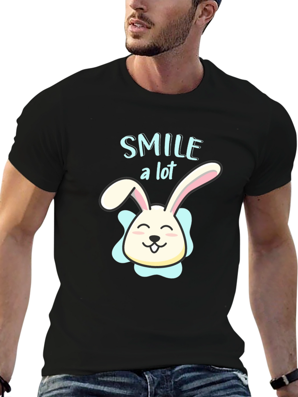Smile A Lot Bunny Graphic Black T-Shirt