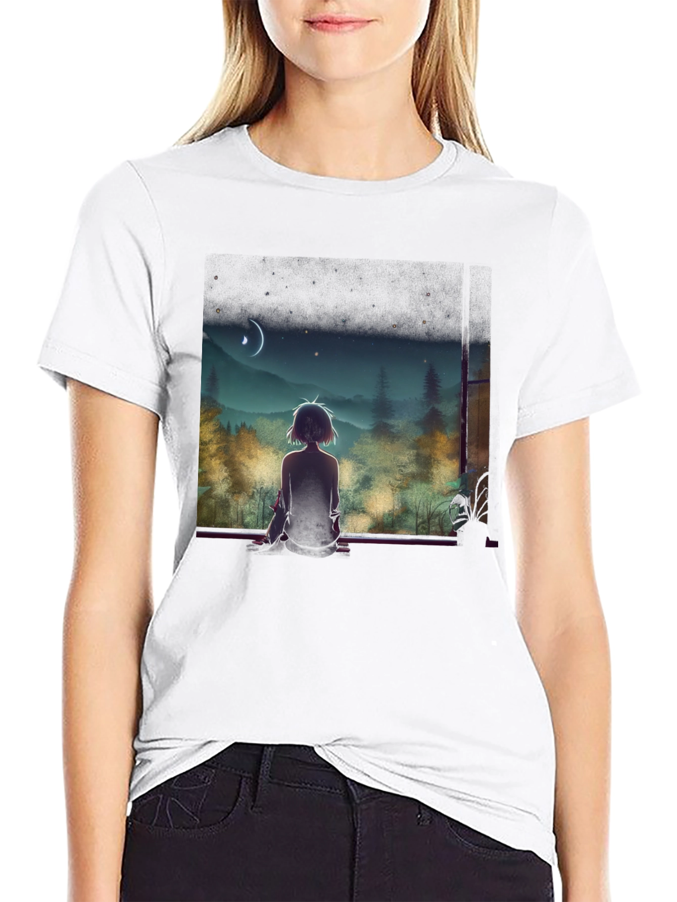 Anime Moonlit Night T-Shirt - Black