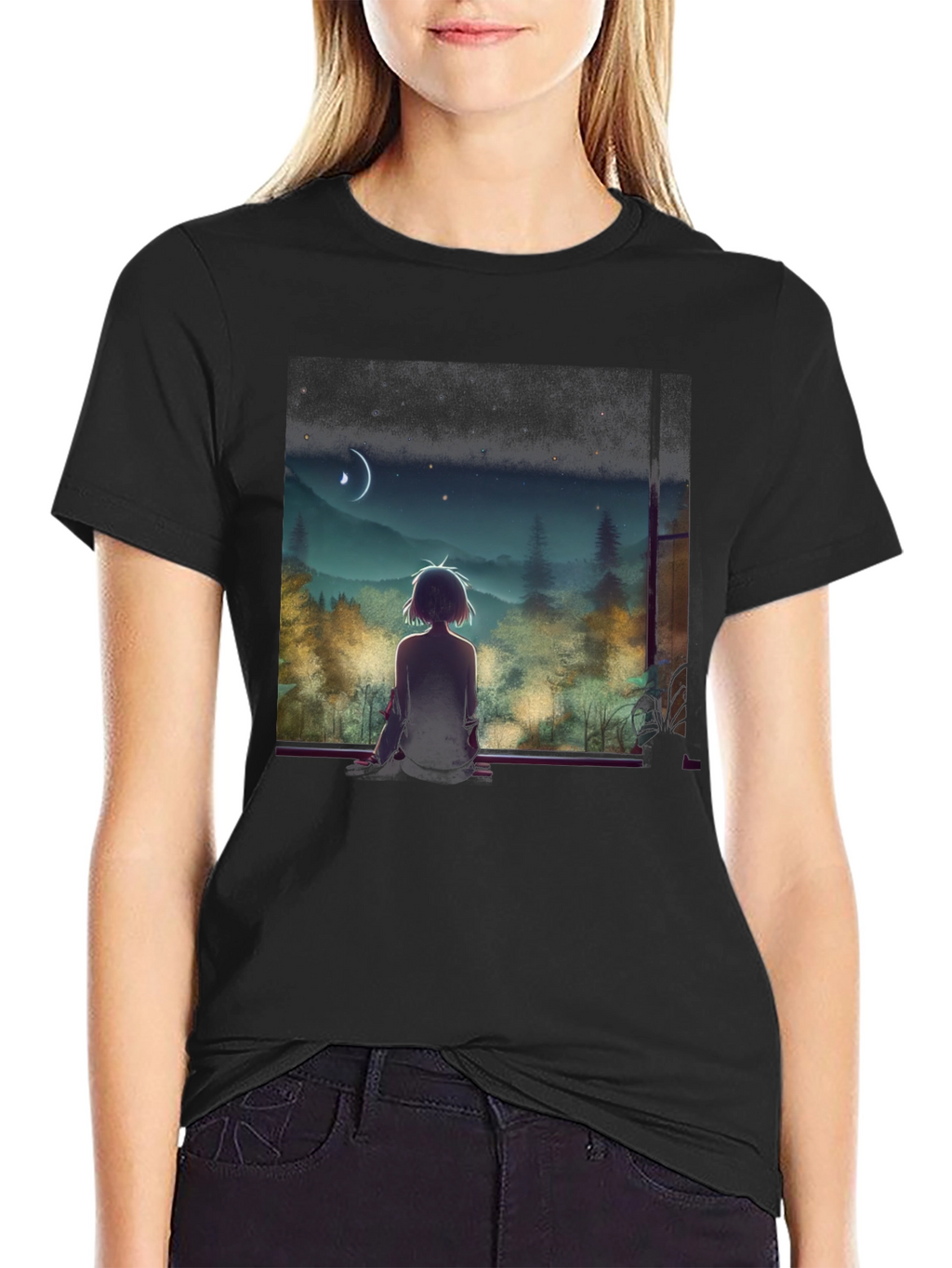 Anime Moonlit Night T-Shirt - Black