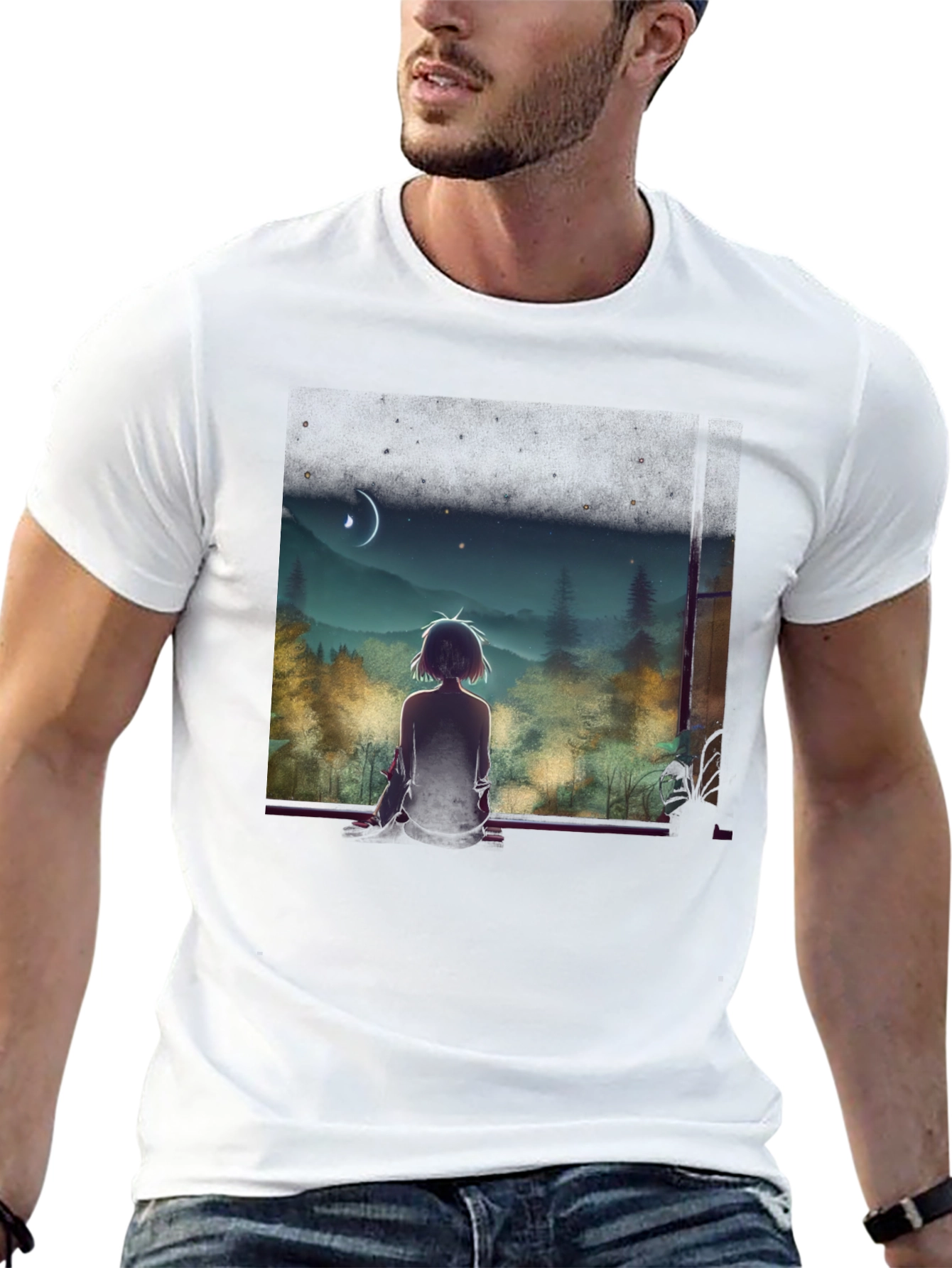 Anime Moonlit Night T-Shirt - Black