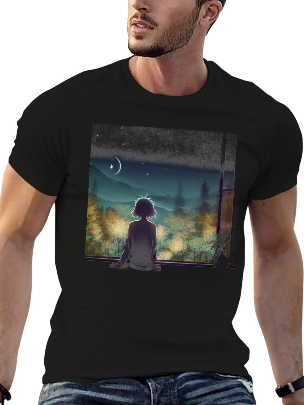 Anime Moonlit Night T-Shirt - Black
