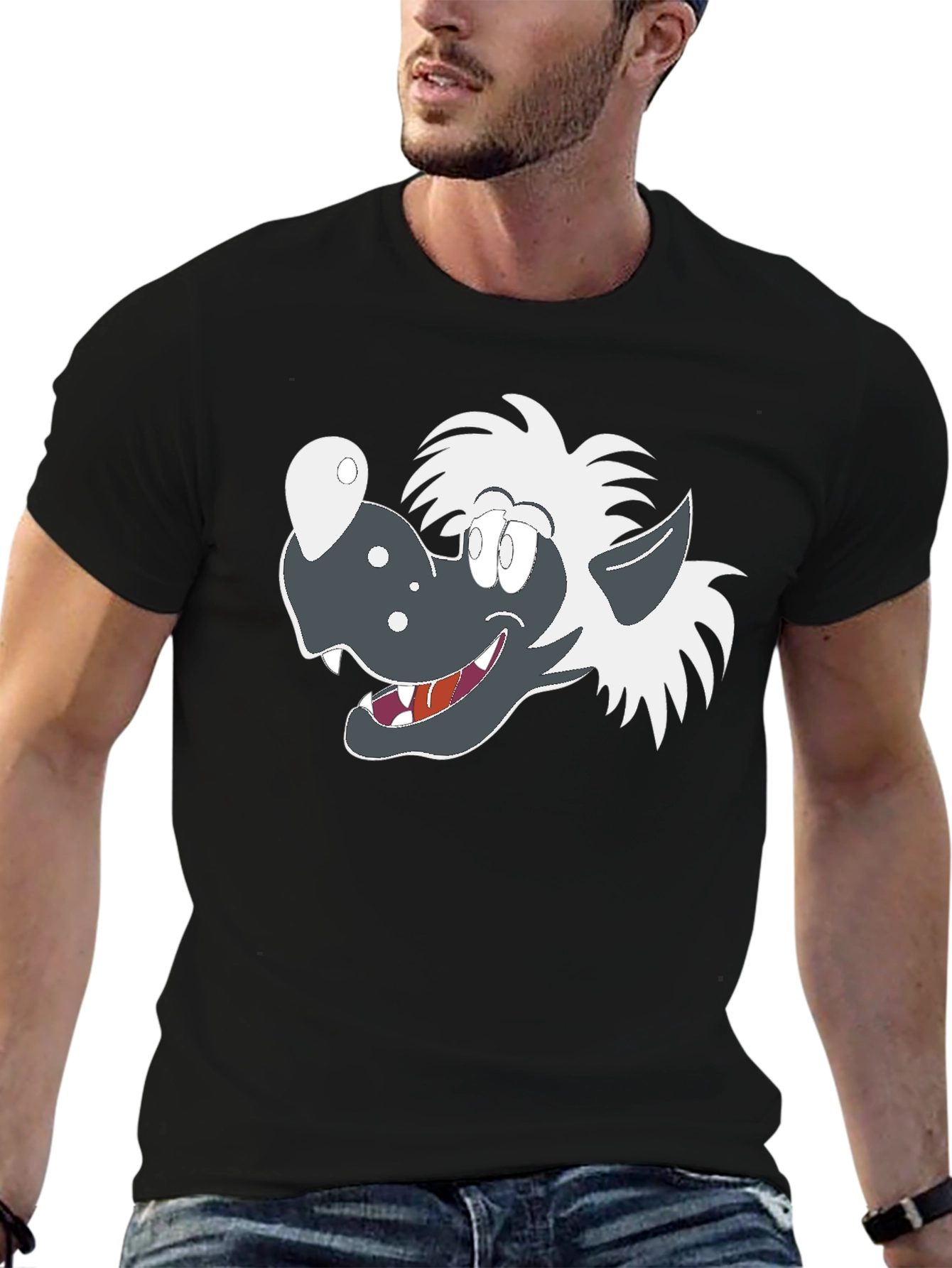 Cartoon Wolf Graphic Tee - Black