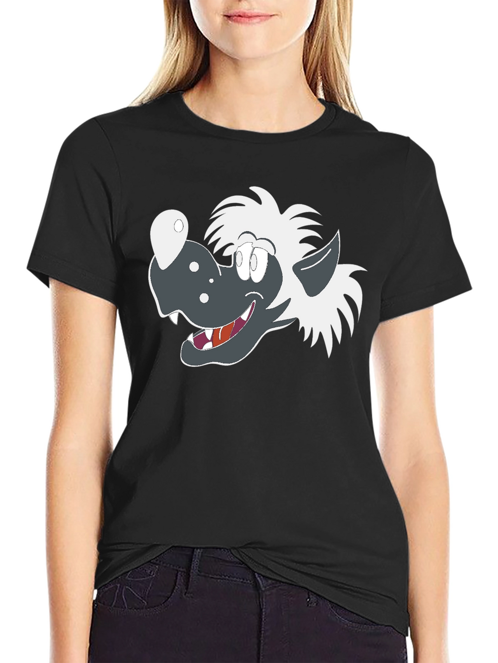 Cartoon Wolf Graphic Tee - Black