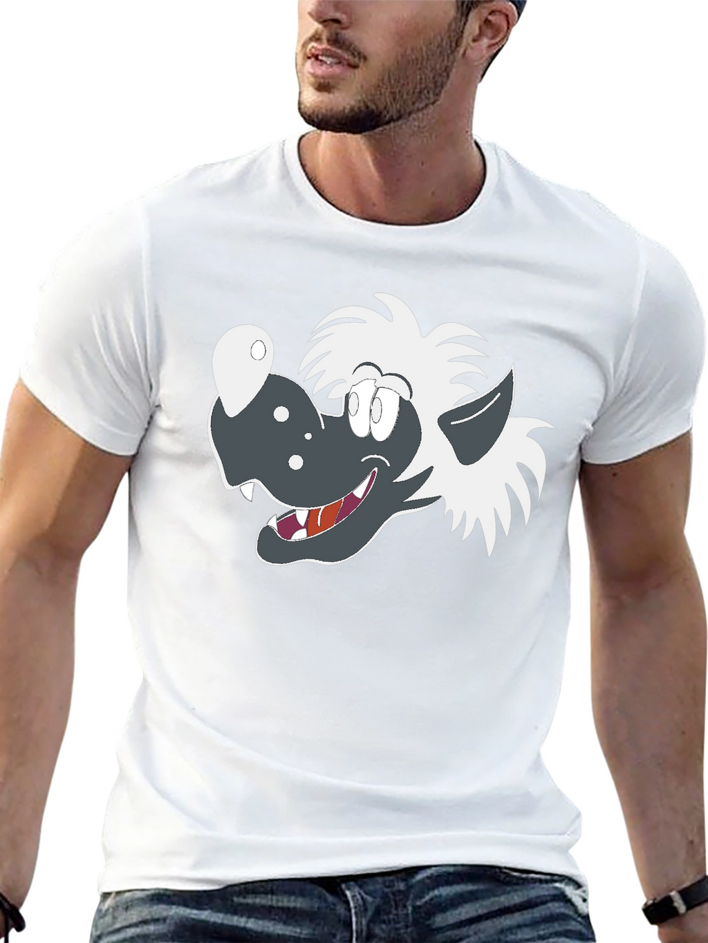 Cartoon Wolf Graphic Tee - Black